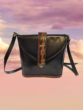 Vera Pelle Black Crossbody with Brown Embossed Magnetic Closure Strap